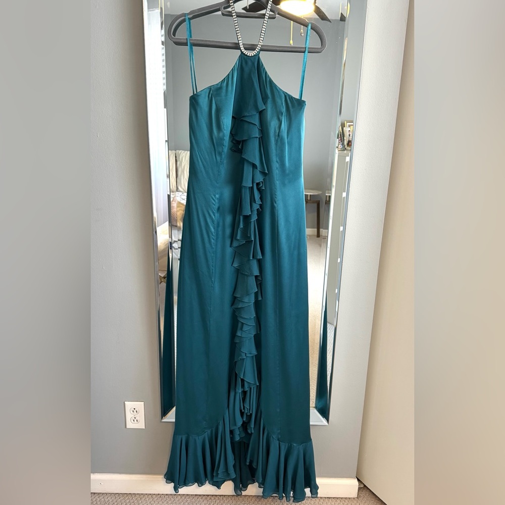 Teri Jon Teal Ruffle Maxi Dress
